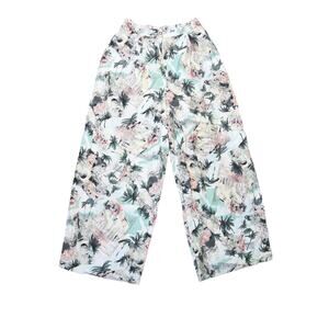 Vintage 80s Carol Anderson Cream Palm Tree Vacation Print Wide Leg Pants M